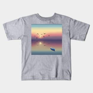 Pastel Sunrise, Flock of Birds Reflection Landscape Digital Illustration Kids T-Shirt